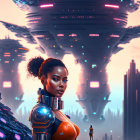 Futuristic female warrior in cybernetic armor with alien cityscape and spaceship