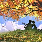 Two people under autumn tree, one plays guitar, gazing at cloudy sky