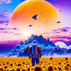 Astronaut in sunflower field on alien planet with moons and colorful sky