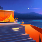 Tranquil lakeside evening scene with modern house terrace, calm water reflecting sunset glow.