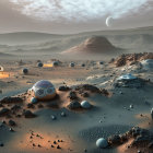 Futuristic robots and hovering spheres in desolate landscape