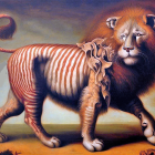 Surreal lion with zebra stripes and curly tail under vibrant sky