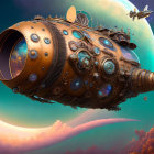 Elaborate steampunk airship in vibrant sky with moon