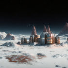 Futuristic colony with dome-like structures on snowy alien planet