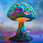 Colorful Mushroom Artwork on Island with Birds and Wind Turbines