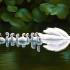 Tranquil swan and cygnets on reflective lake with lush greenery