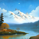 Snowy mountains, castle, lake, trees, birds in serene landscape