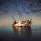 Shipwreck under starry night sky with crescent moon on calm water