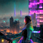 Futuristic jacket woman overlooking neon-lit cityscape