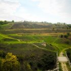 Colorful Waterfall Landscape with Rolling Hills and Flora