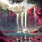 Fantasy waterfall scene with red cliffs and turquoise pool