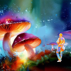 Astronaut with luminous mushrooms under starry sky