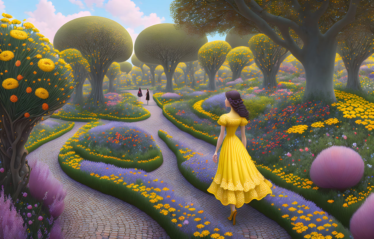 Woman in Yellow Dress Walking Through Whimsical Garden