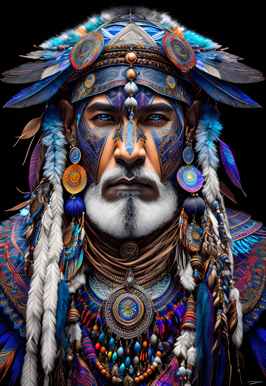 Vibrant digital art portrait of a man in indigenous attire