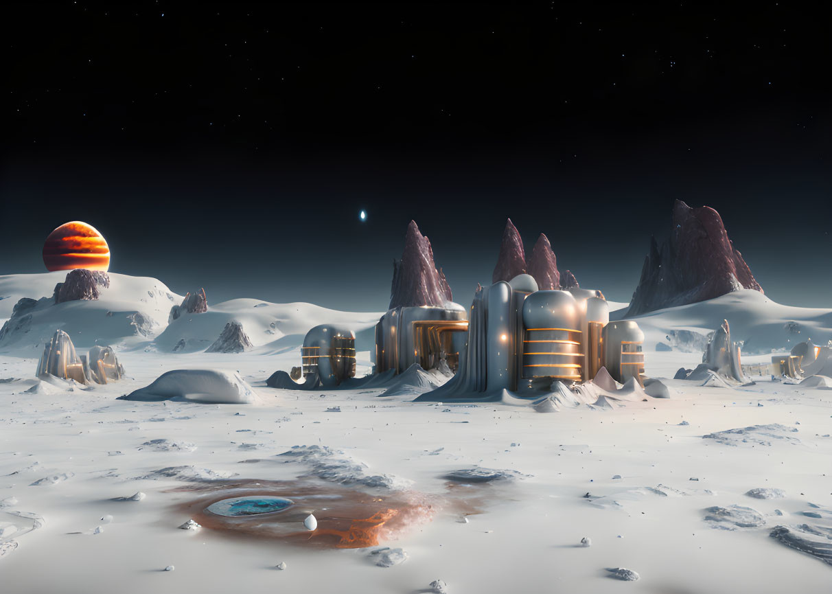 Futuristic colony with dome-like structures on snowy alien planet