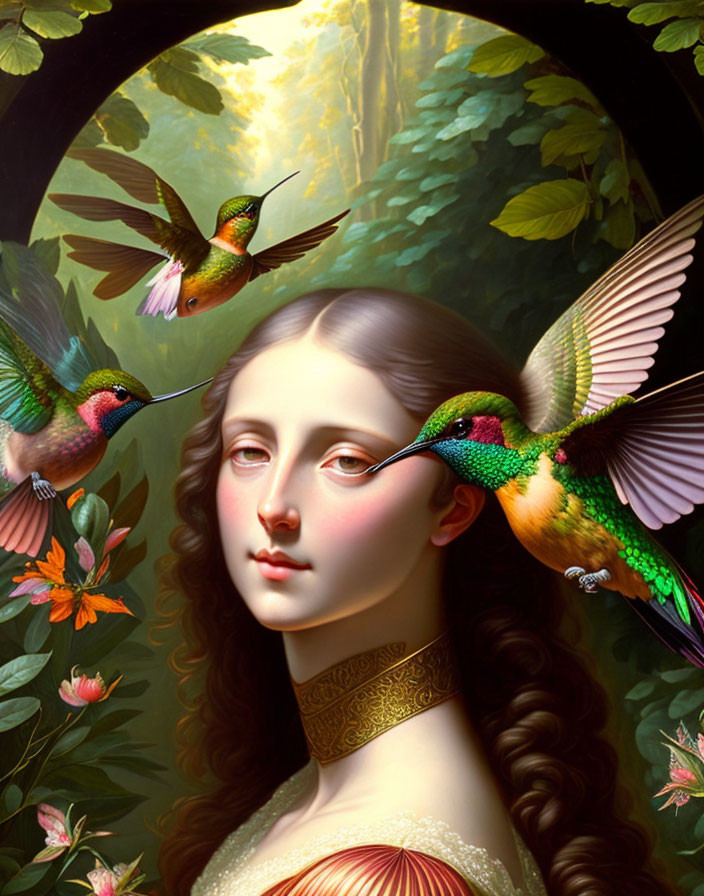 Serene woman portrait with hummingbirds and lush foliage in warm light