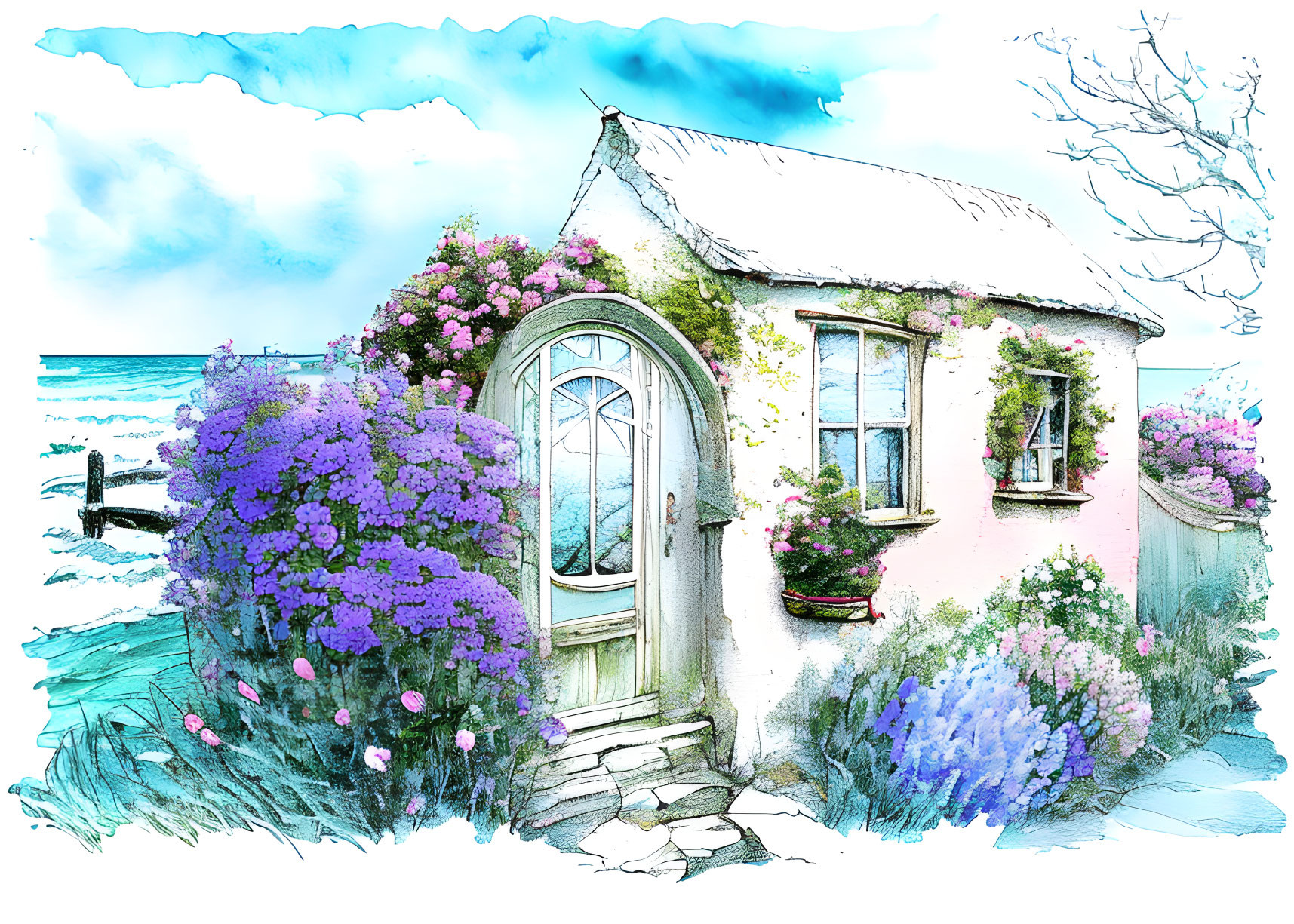 Cozy cottage with purple flowers, sea view, and blue sky illustration