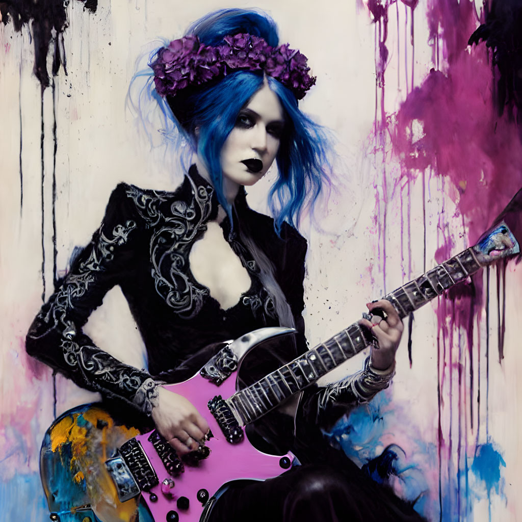 Stylized person with blue hair plays pink guitar against abstract backdrop