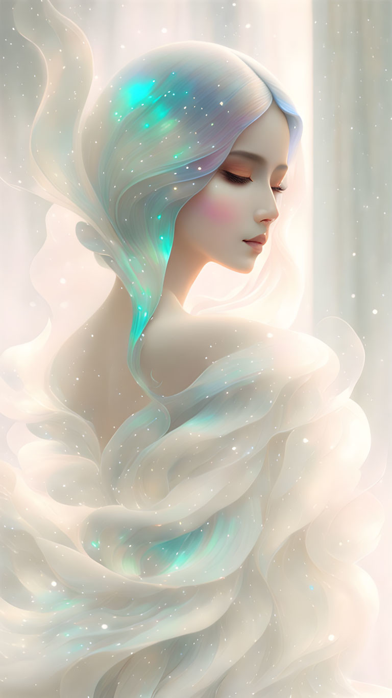 Ethereal female figure with glowing hair and stars in soft pastel colors