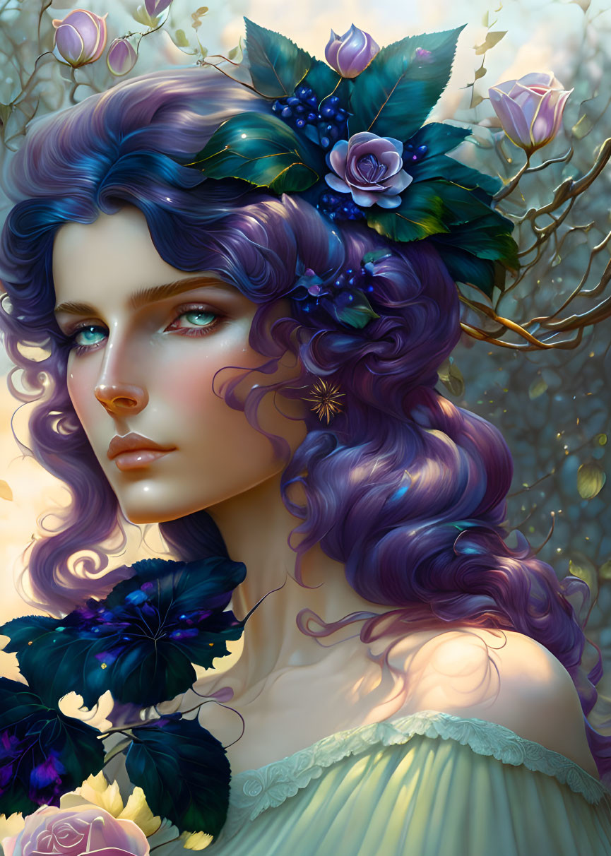 Illustration of woman with purple hair and floral backdrop