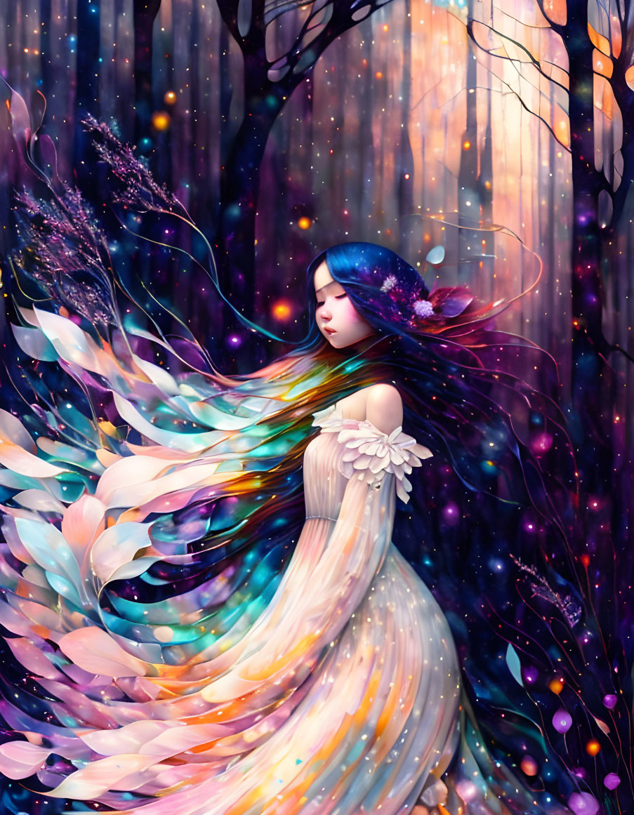 Colorful girl with feather-like hair in mystical forest scene