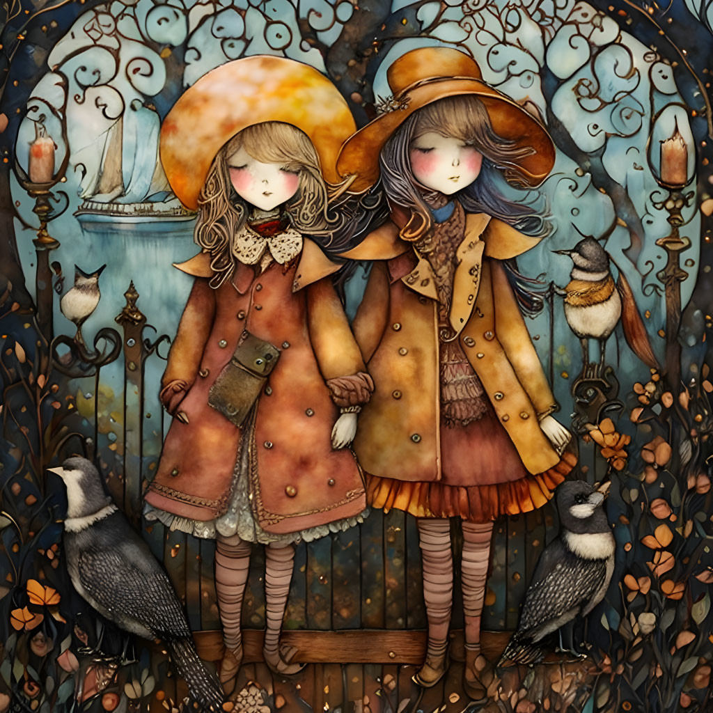 Illustrated girls in vintage attire at gate with birds in autumn setting