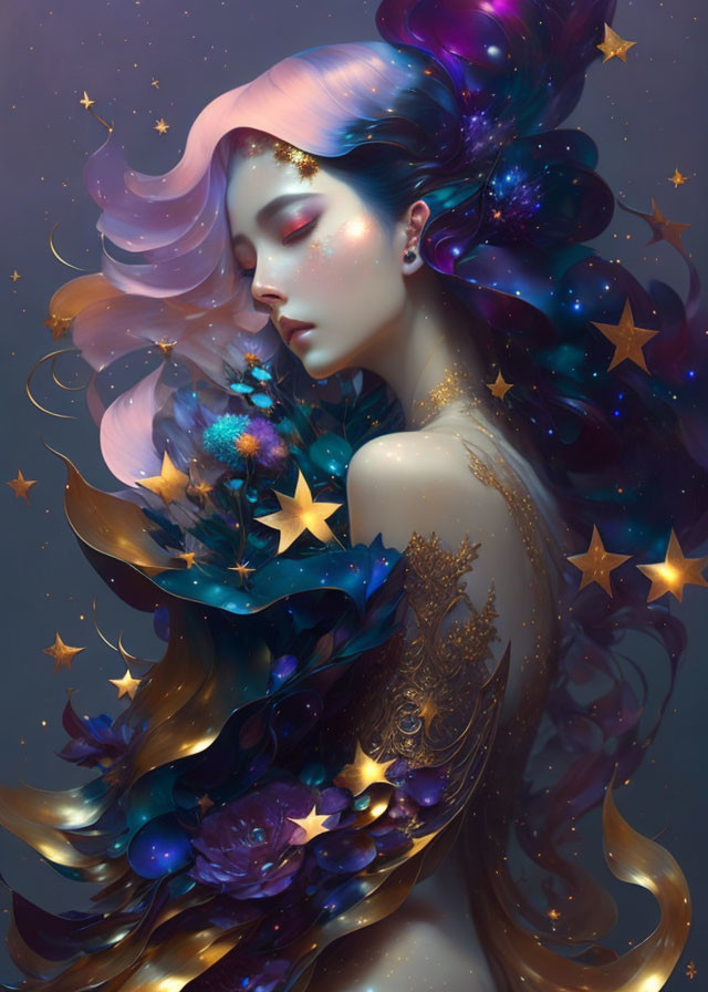 Illustration of woman with flowing hair merging into cosmic night sky with stars and nebulous flowers.