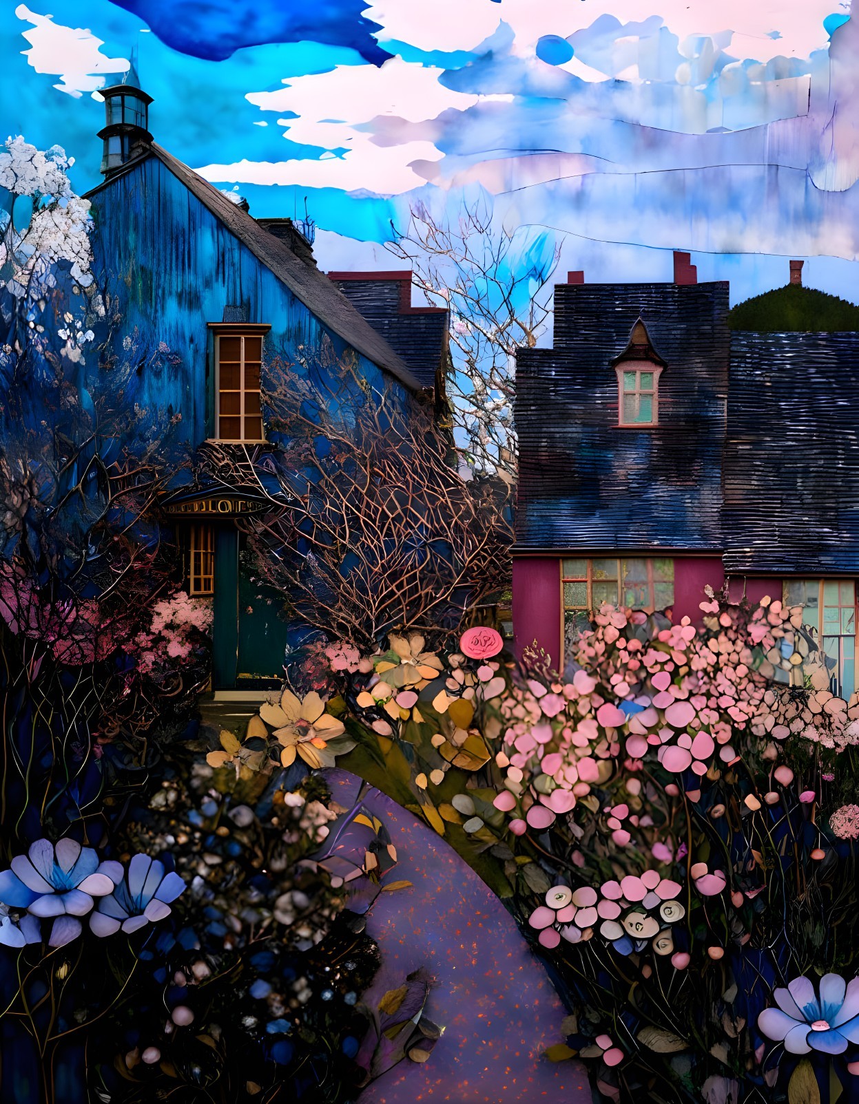 Colorful Street at Dusk with Charming Houses and Blooming Flowers