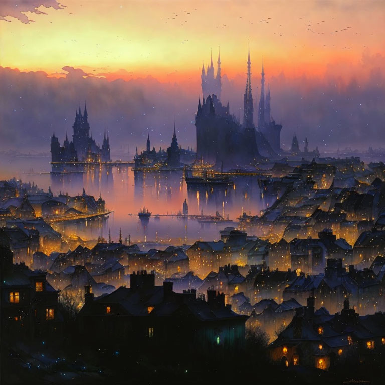 Fantasy city with spires in twilight reflection