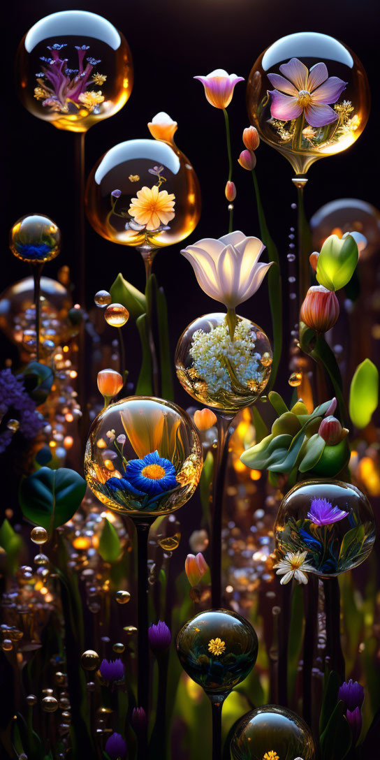 Colorful Flower Bubbles in Dark Bokeh Art Piece