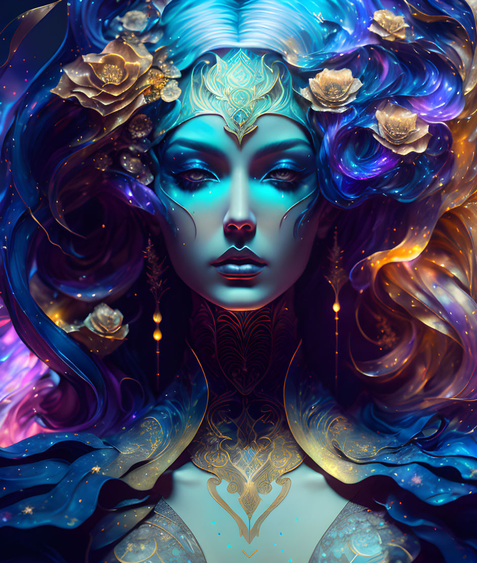 Ethereal female figure with blue flowing hair and golden roses: a mystical, regal aura