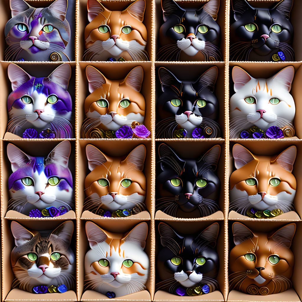 Grid of 16 Colorful Cat Faces with Expressive Eyes on Dark Backgrounds