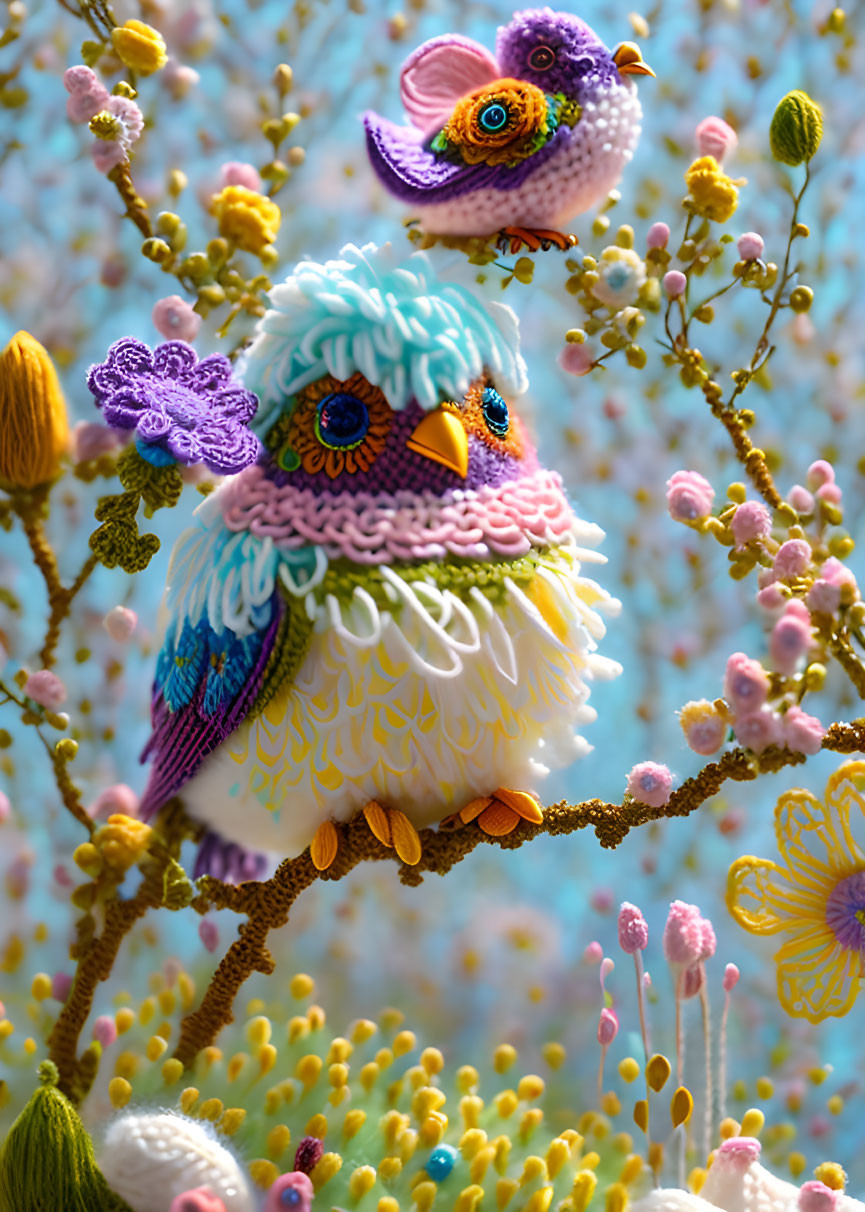 Vibrant embroidered birds on branch with floral backdrop