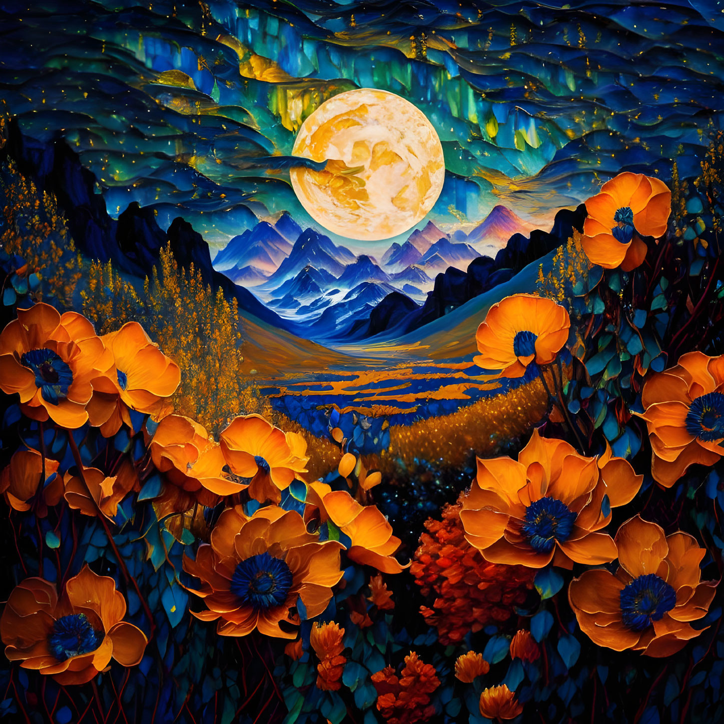 Colorful full moon painting with mountains, river, poppies, and starlit sky