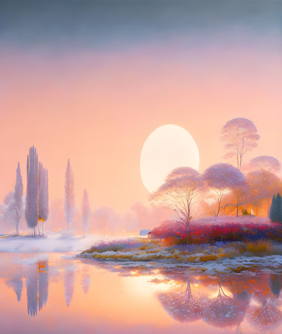 Tranquil sunset scene over misty lake and trees