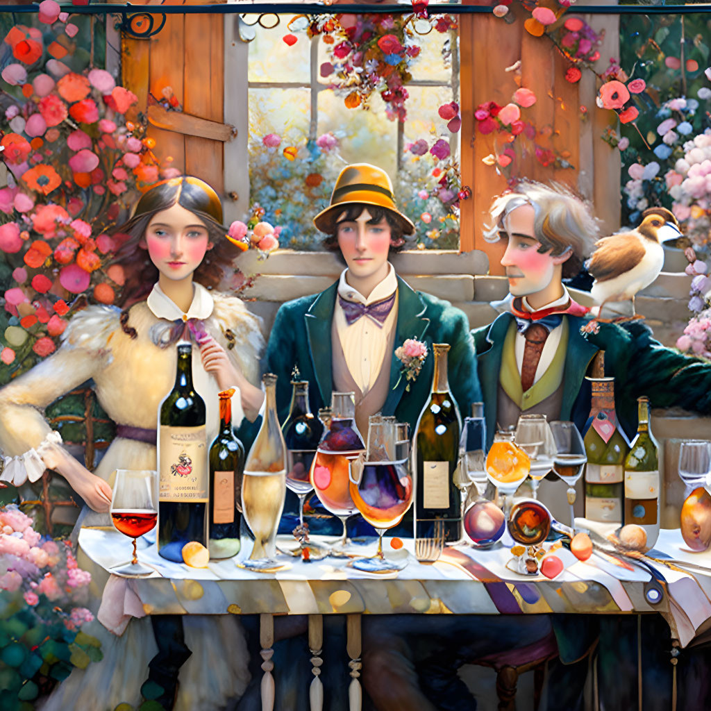 Elegantly dressed trio at wine table with flowers and bird