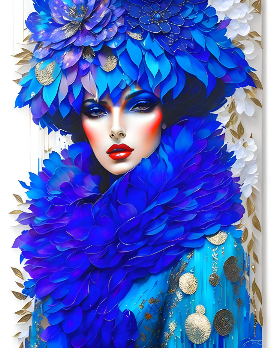 Colorful portrait of a woman with blue petal hair accessories and floral attire