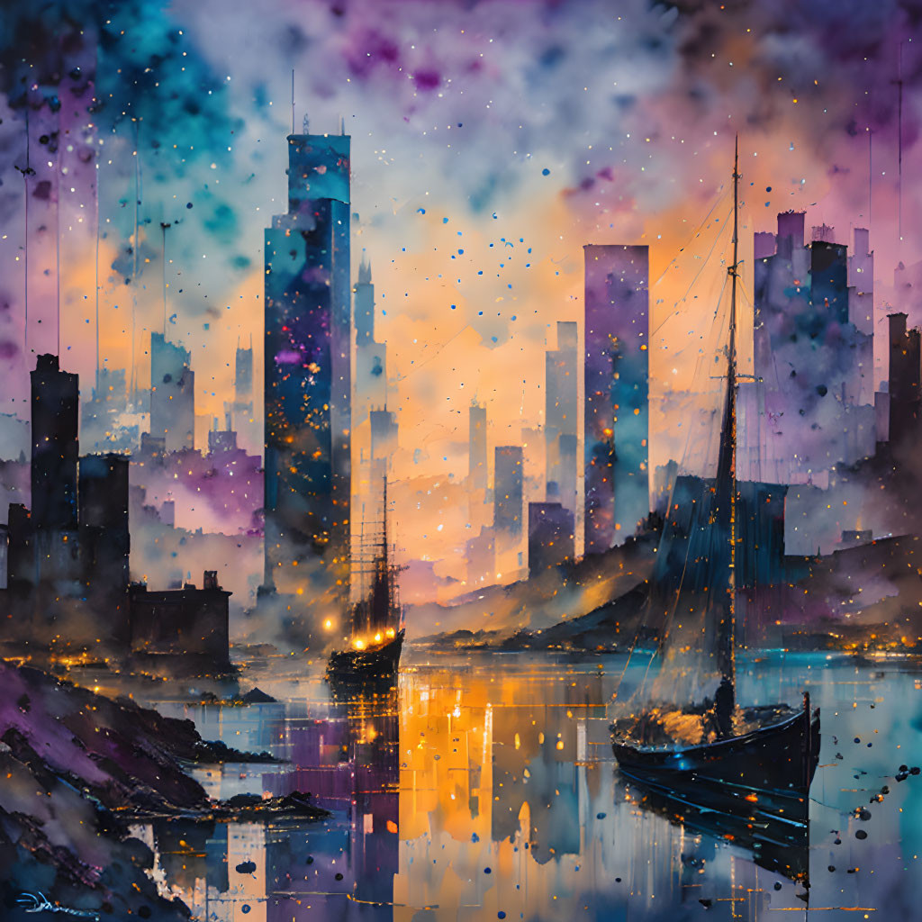 City skyline watercolor art: sunset reflections, skyscrapers, boats, starry sky