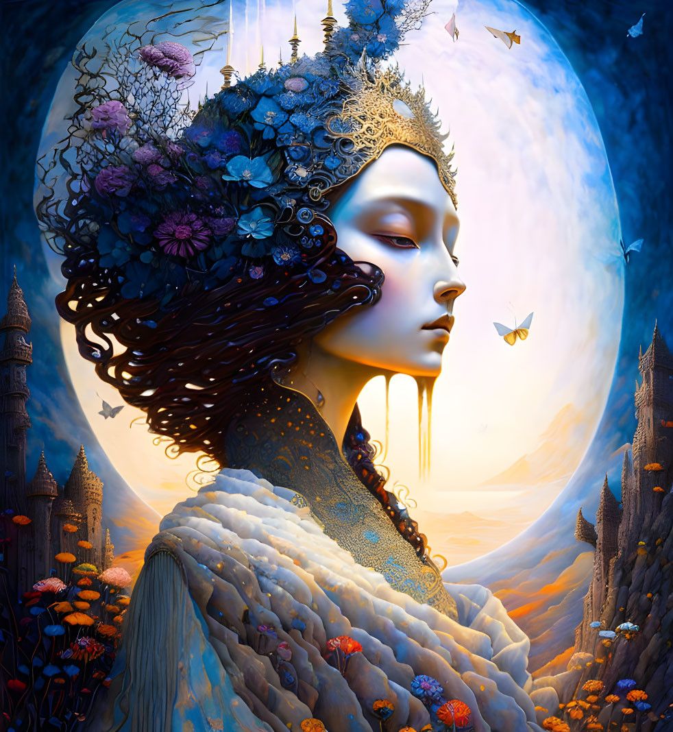 Ethereal woman with ornate hair in fantastical landscape with butterflies and luminous towers