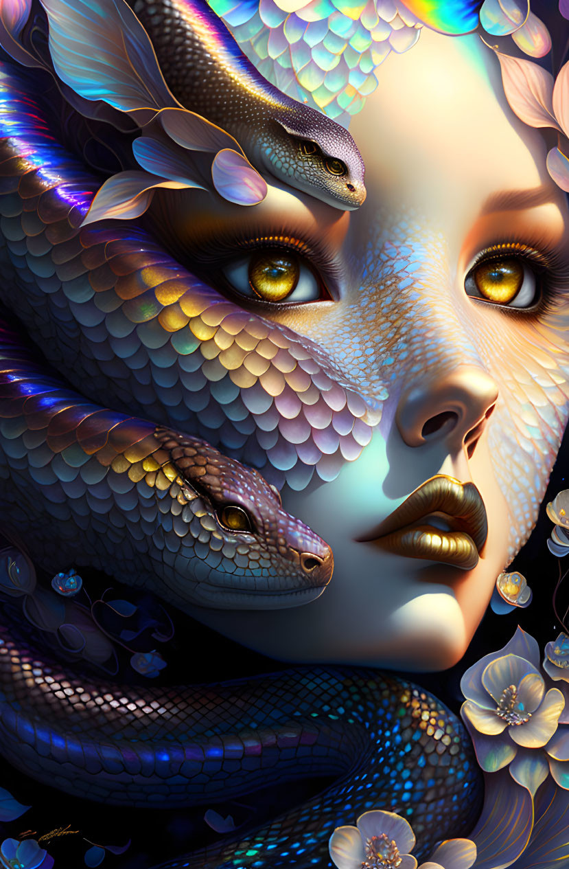 Digital artwork of woman's face with scales, serpentine creatures, and flowers in vibrant colors