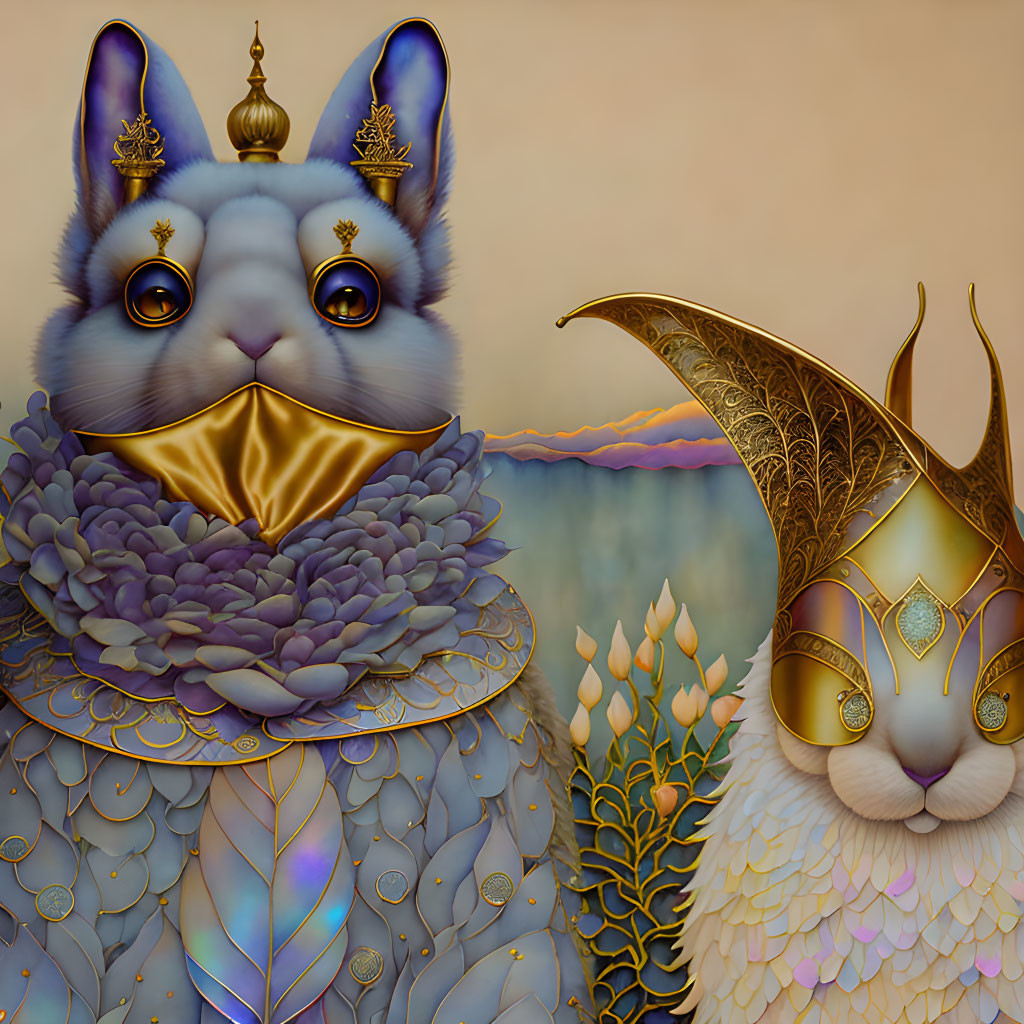 Regal creatures with rabbit-like features in ornate armor on warm-toned backdrop