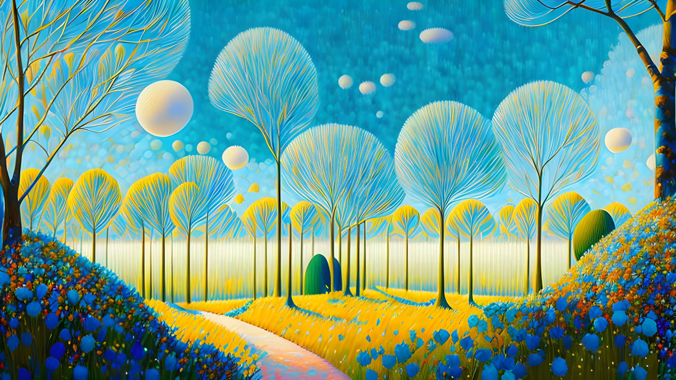 Colorful landscape with blue trees, winding path, and glowing orbs