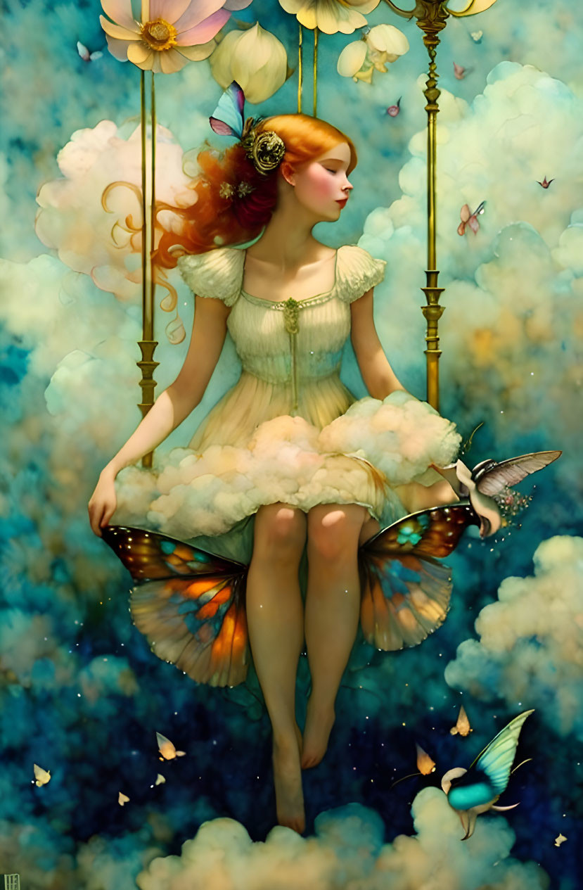 Red-haired woman on cloud with butterfly wings, flowers, and birds in whimsical illustration