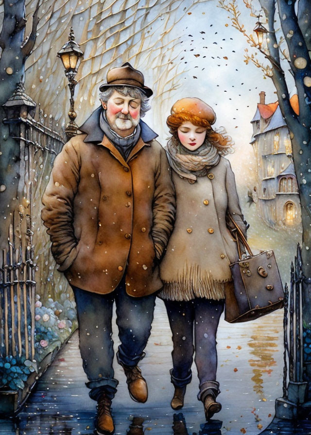 Elderly man and young woman walking in snow with lamp post and gate