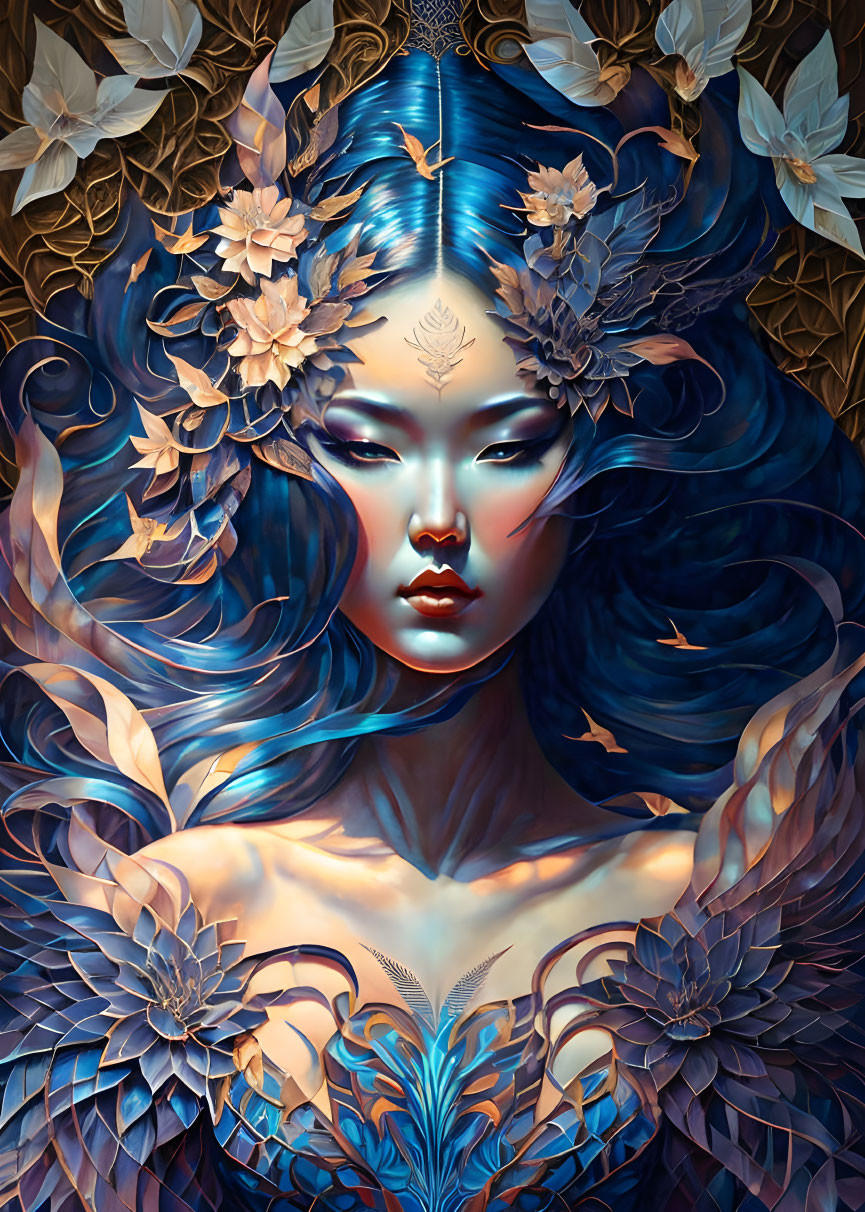 Illustrated portrait of mystical woman with blue hair, flowers, white butterflies, golden backdrop
