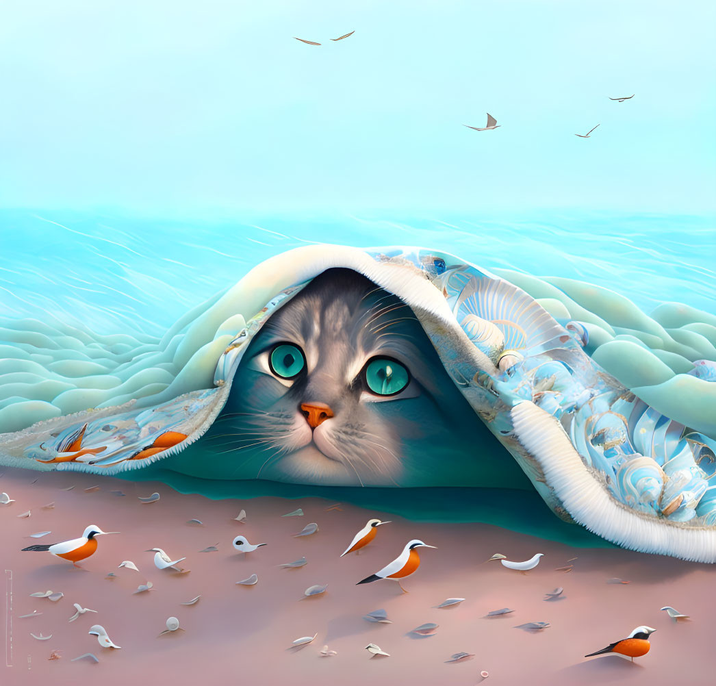 Giant cat's head in surreal ocean wave with seagulls on beach