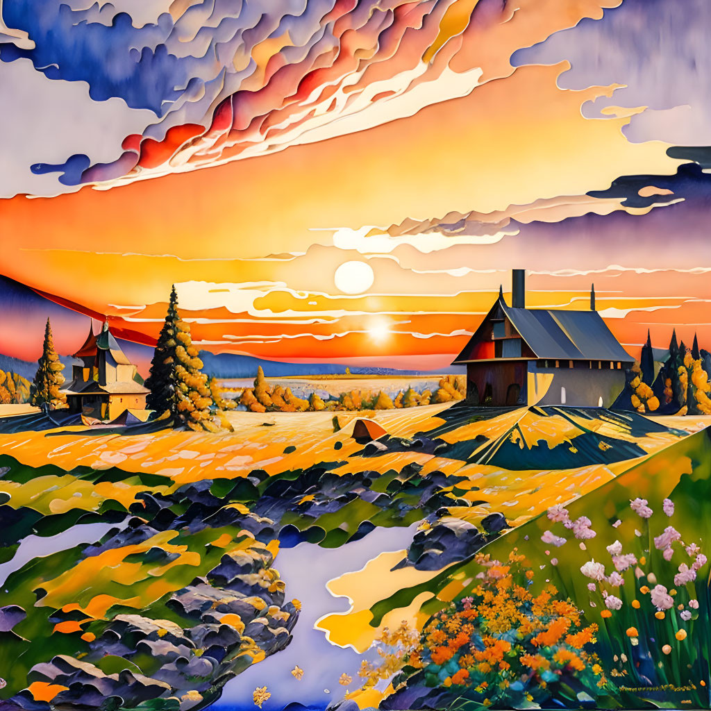 Colorful sunset painting of rural landscape with cottages, fields, river.