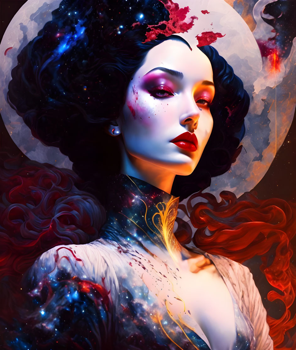 Cosmic-themed portrait of a woman with galaxy motif.