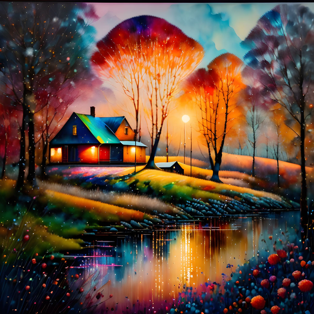 Colorful Sunset Landscape Painting with Lake Reflections