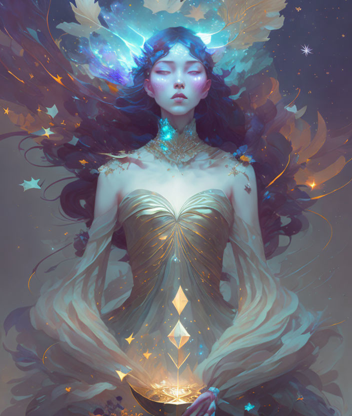 Surreal illustration of blue-skinned woman with celestial motifs and glowing diamond